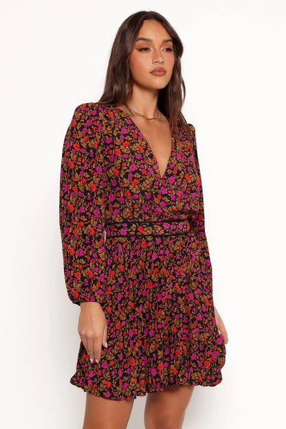 Zephyr Long Sleeve Mini Dress Black Magenta