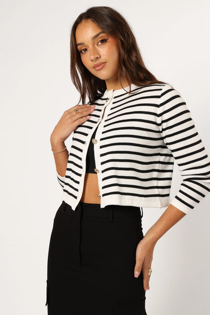 Cynthia Striped Button Front Cardigan Black Cream