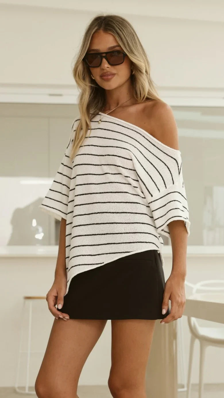 Blair Off Shoulder Tee White Black Stripe