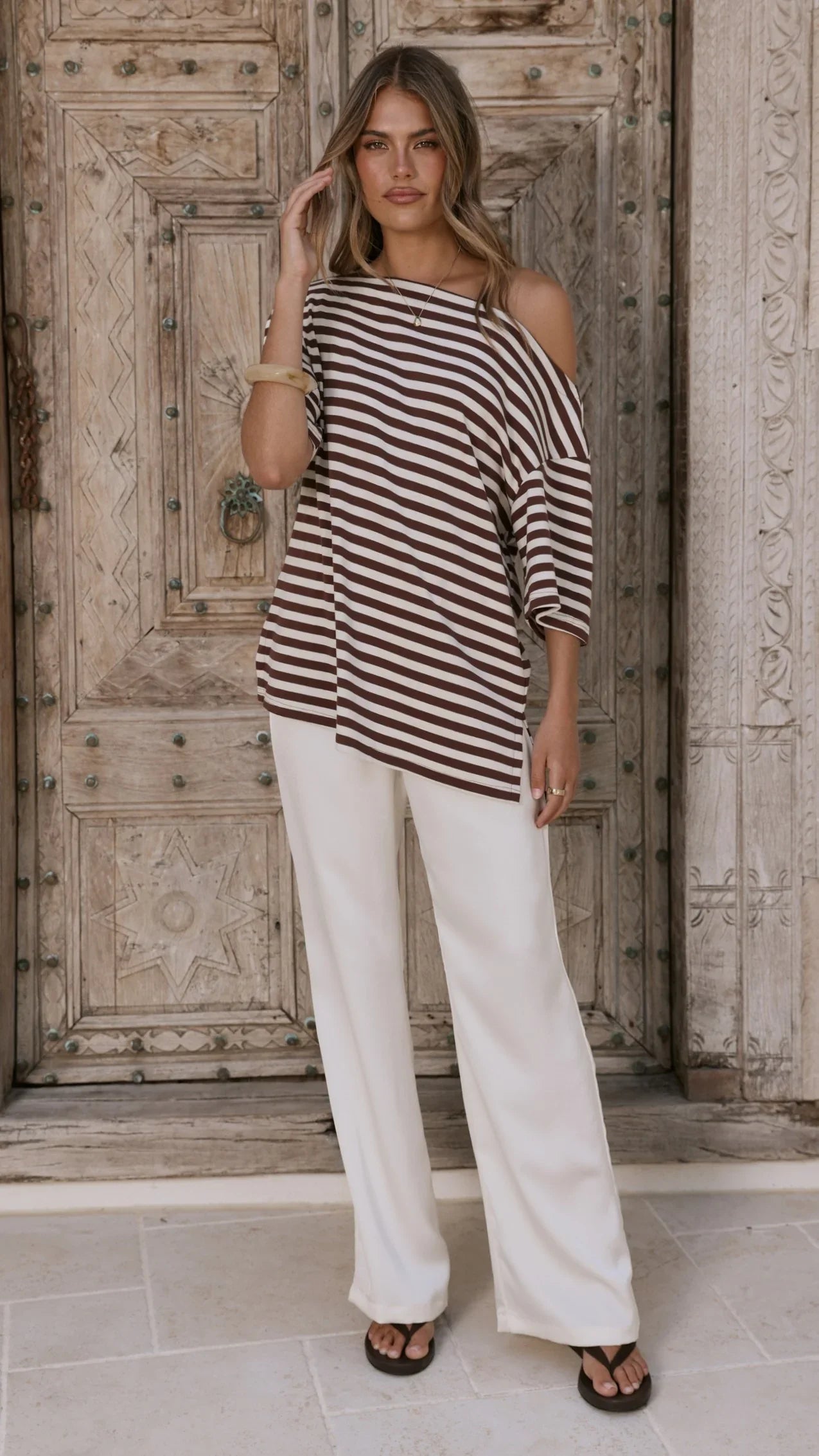Pia One Shoulder Oversize Tee Choc White Stripe