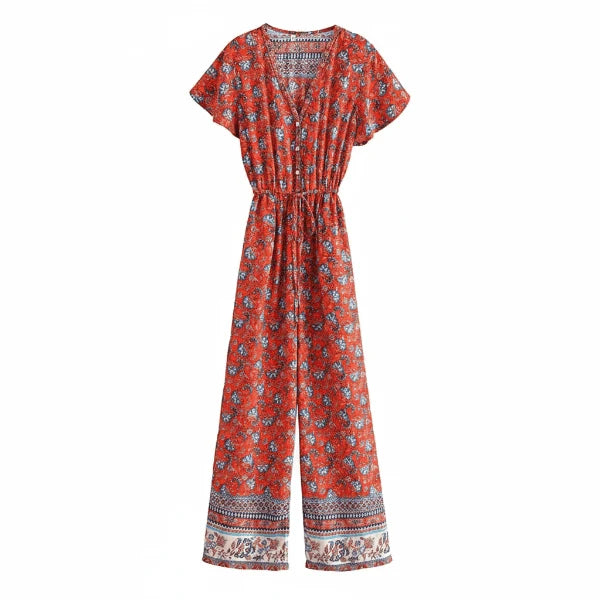 Crimson Bloom Boho Floral Wide Leg Jumpsuit with Pockets