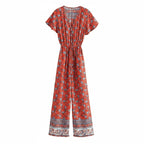 Crimson Bloom Boho Floral Wide Leg Jumpsuit with Pockets