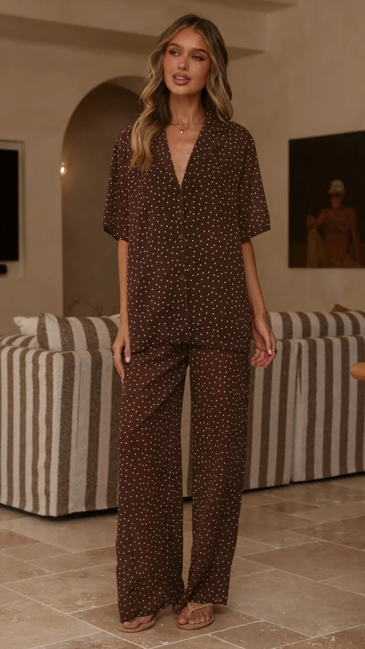 Ashleigh Sheer Shirt and Pants Set Brown Polka