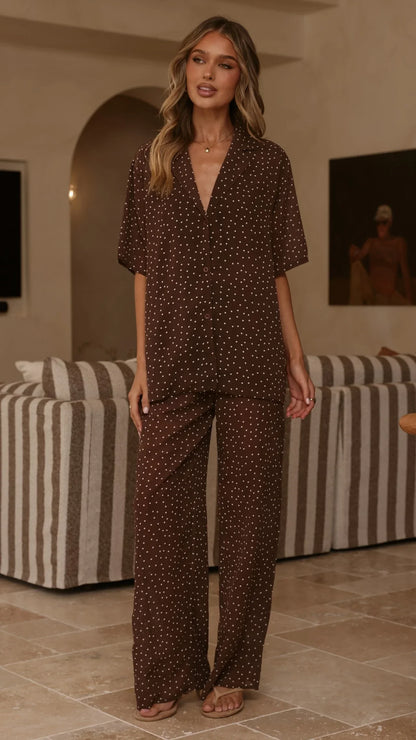 Ashleigh Sheer Shirt and Pants Set Brown Polka