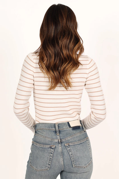 Stacie Ribbed Knit Top Beige Stripe