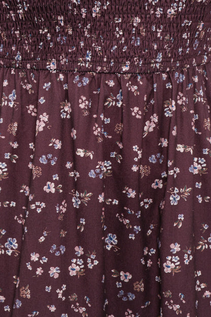 Edwina Shirred Frill Long Sleeve Midi Dress Plum Floral