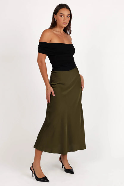 Nellie Satin Midi Skirt Olive