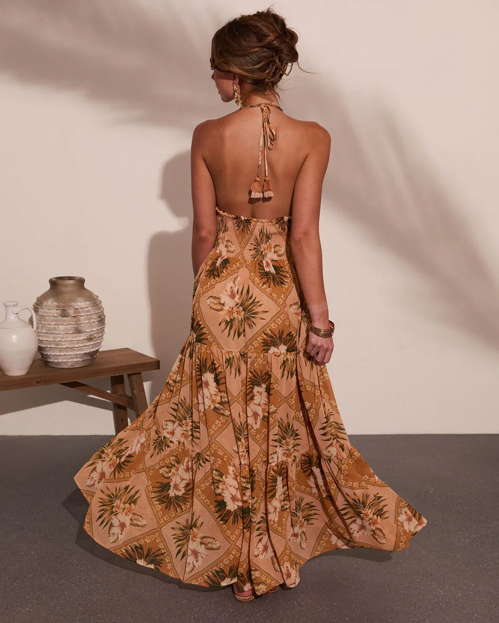 Mediterranean Muse Floral Halter Neck Maxi Dress