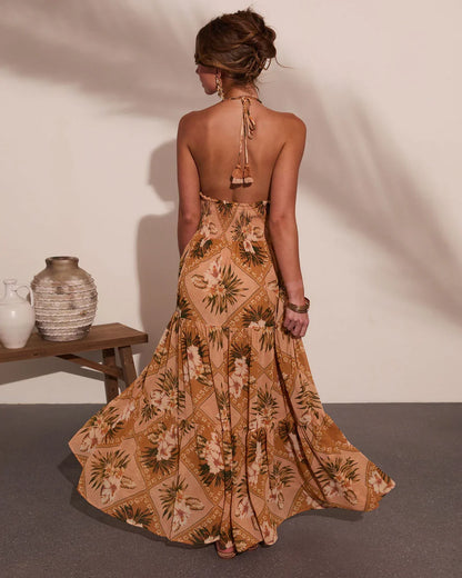 Mediterranean Muse Floral Halter Neck Maxi Dress