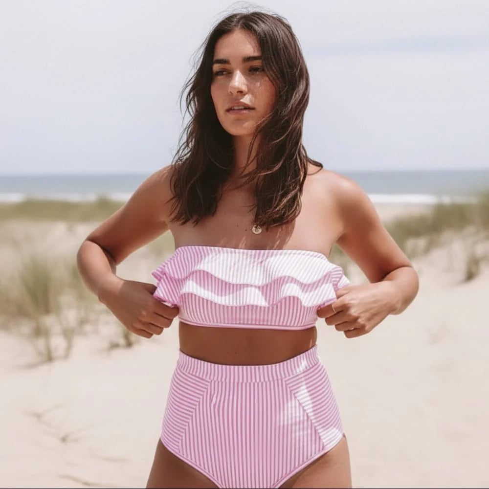 Striped Bandeau High Waisted Bikini Set