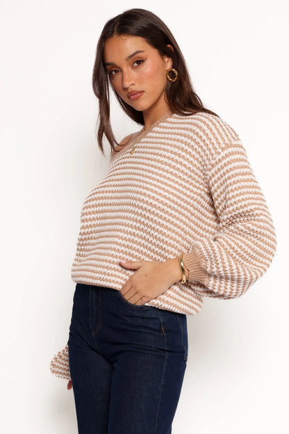 Becca Crewneck Waffle Stitch Stripe Knit Sweater Tan