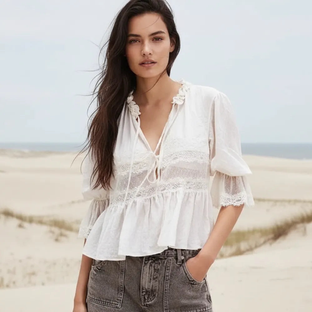 Boho Lace Long Sleeve Babydoll Top