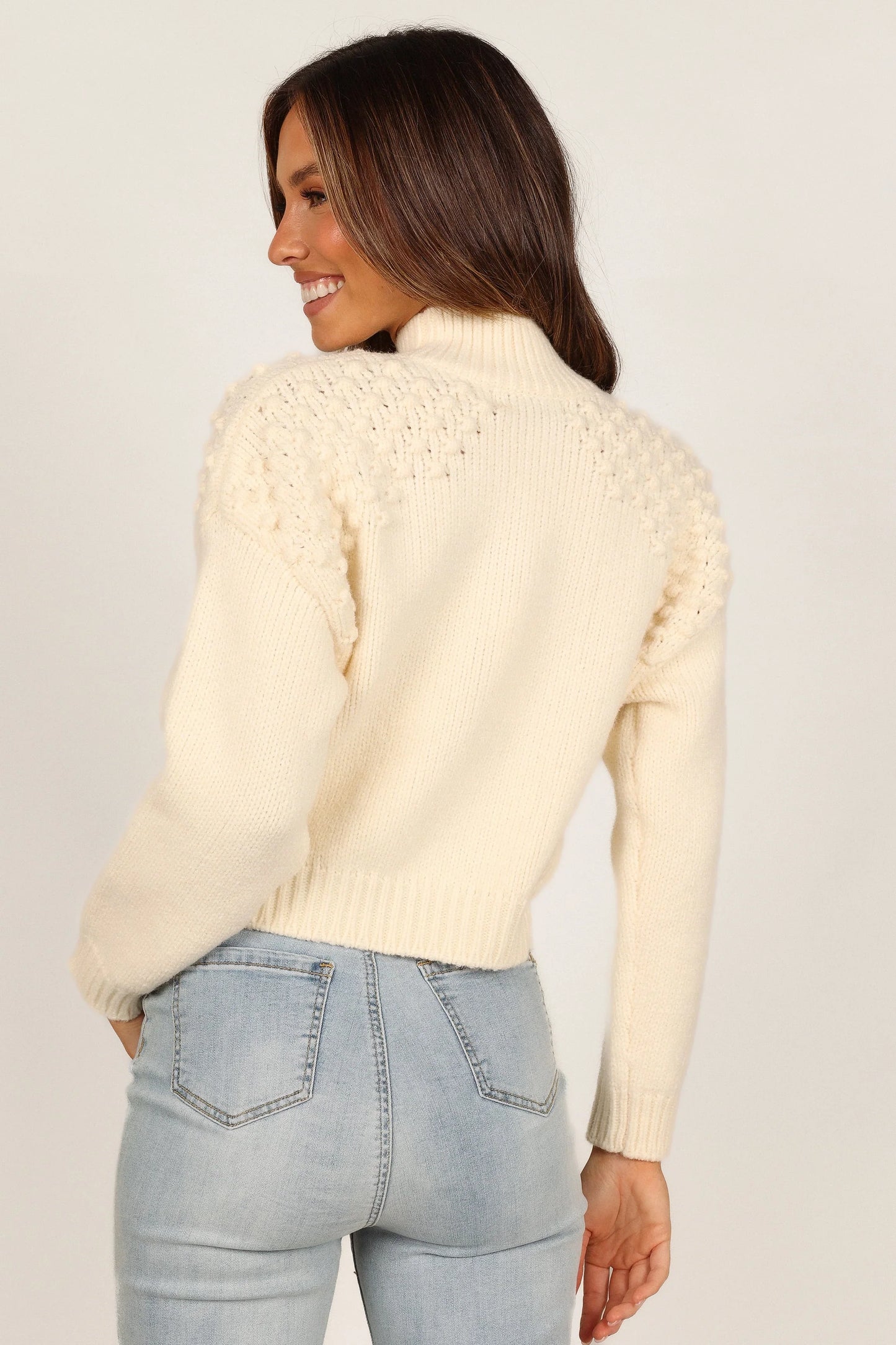 Mia Textured Shoulder Knit Sweater Cream