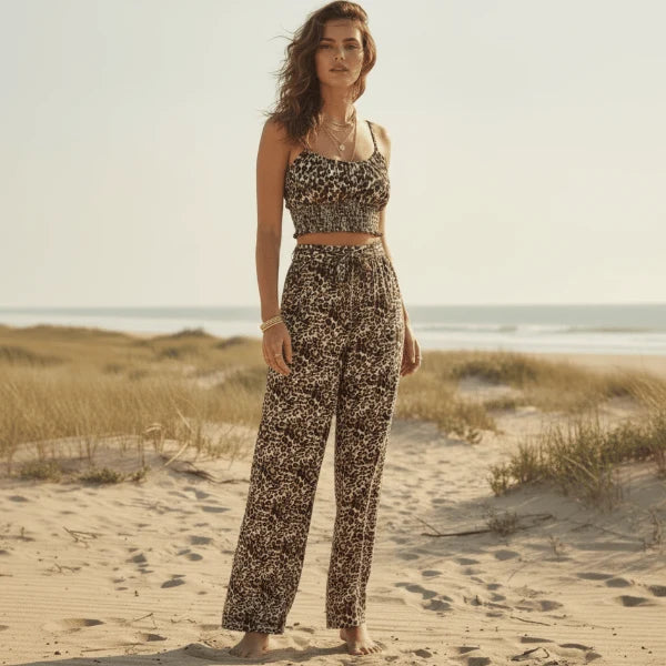 Leopard Print Crop Top Wide Leg Pants Set