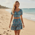 Turquoise Boho Floral Crop Top Mini Skirt Set