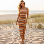 Striped Strapless Maxi Dress with High Slit