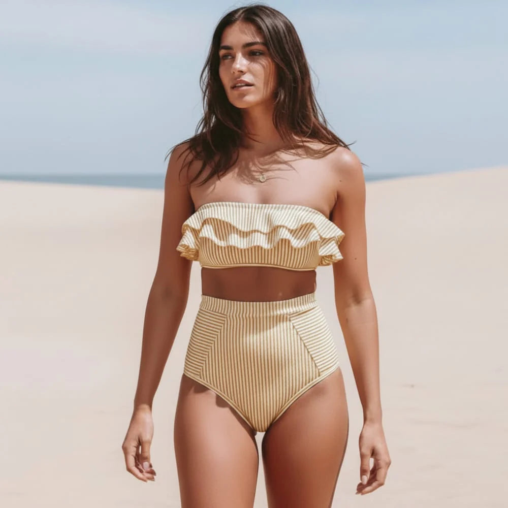 Striped Bandeau High Waisted Bikini Set