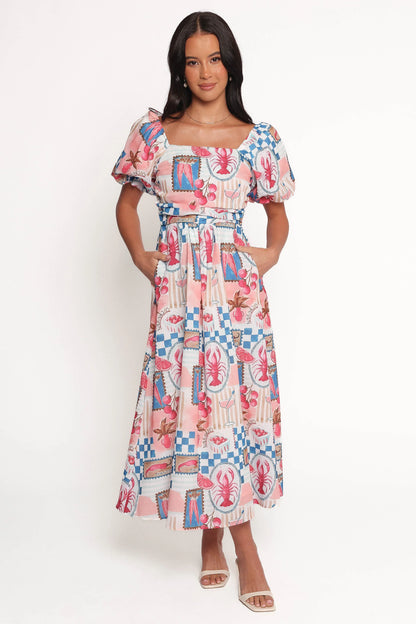 Clo Puff Sleeve Midi Dress Pink Blue