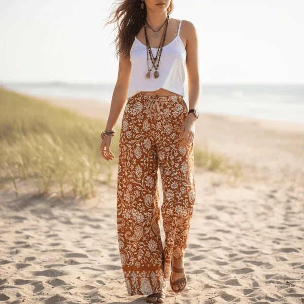 Rust Paisley Boho Wide Leg Pants
