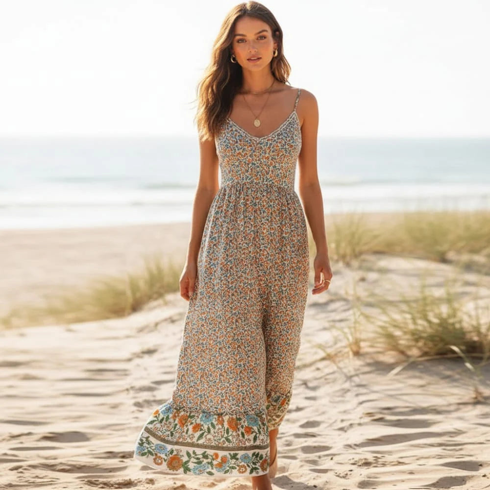 Floral Spaghetti Strap Backless Maxi Dress