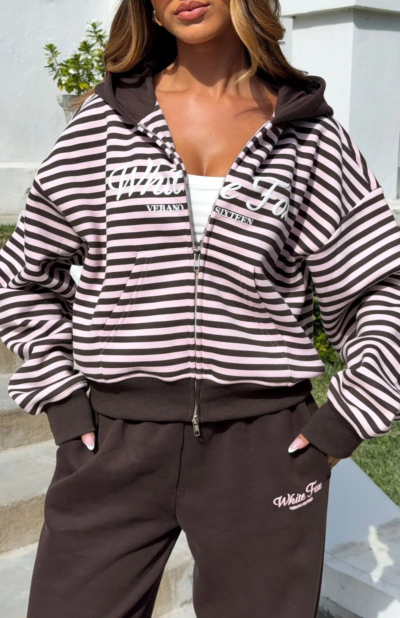 Verano Sixteen Maria Boxy Zip Front Hoodie Pink Choc Stripe