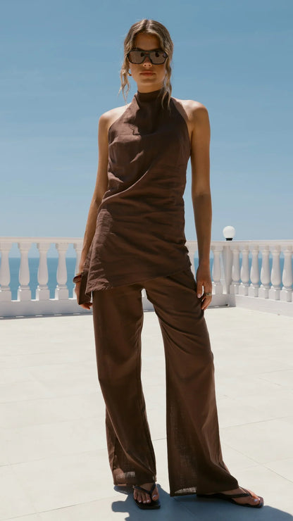 Clover Halter Top and Pants Set Brown