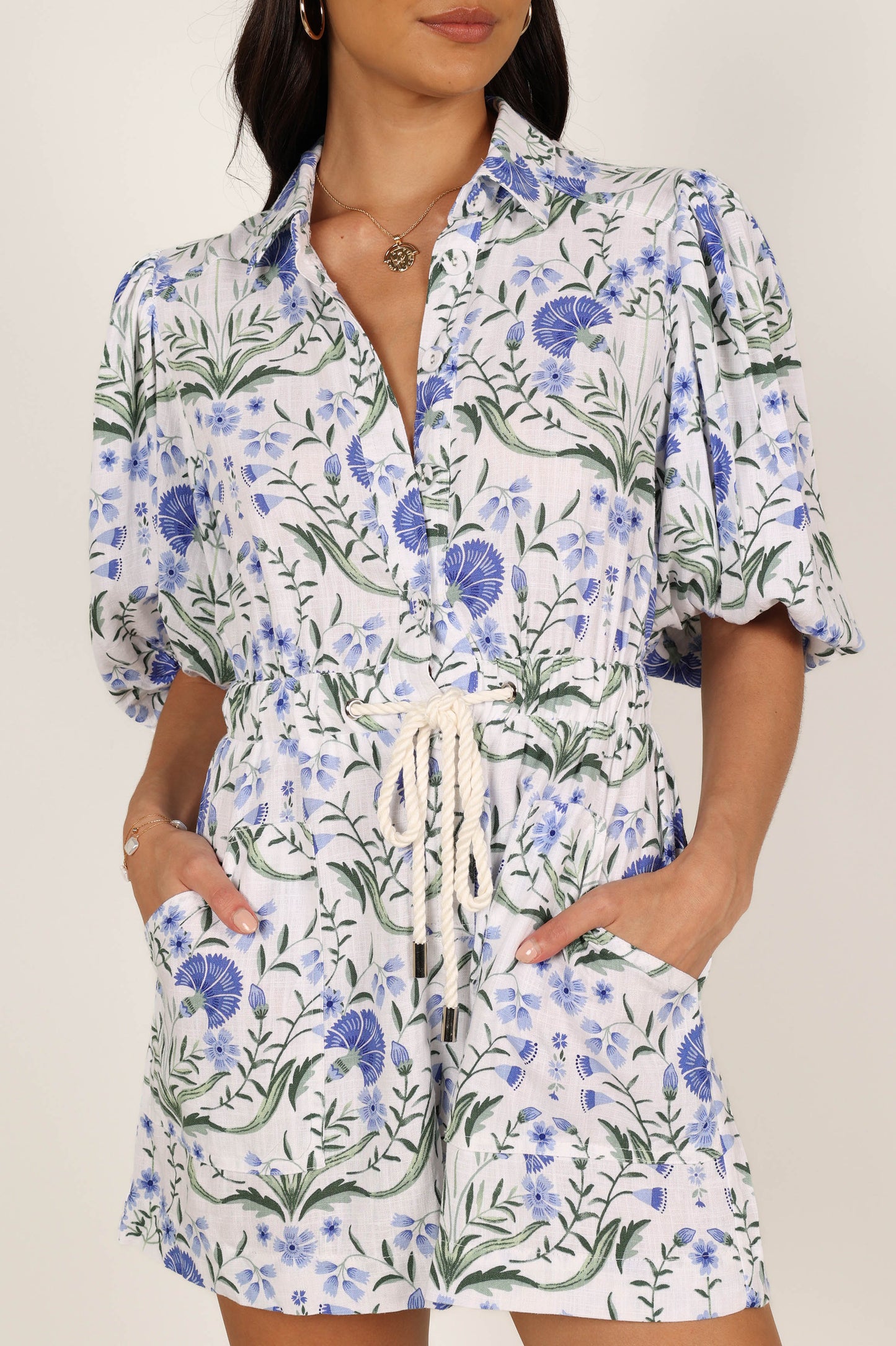 Annie Linen Romper Blue Floral