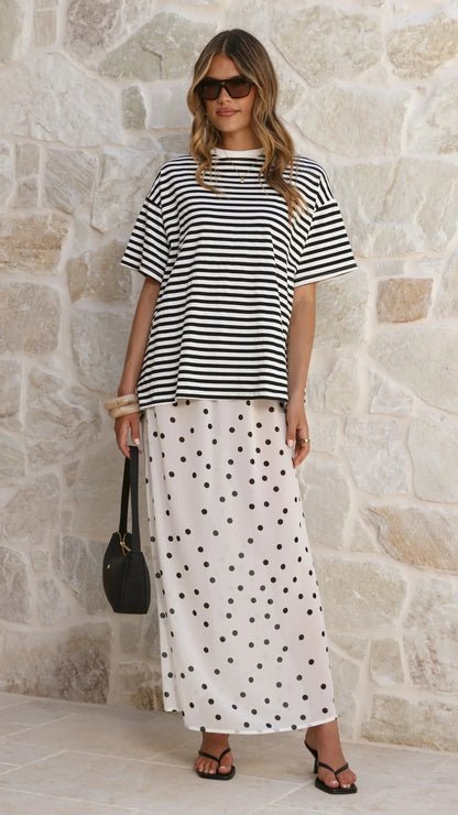 Elisha T Shirt and Sheer Maxi Skirt Set Black White Stripe and Polka Dot