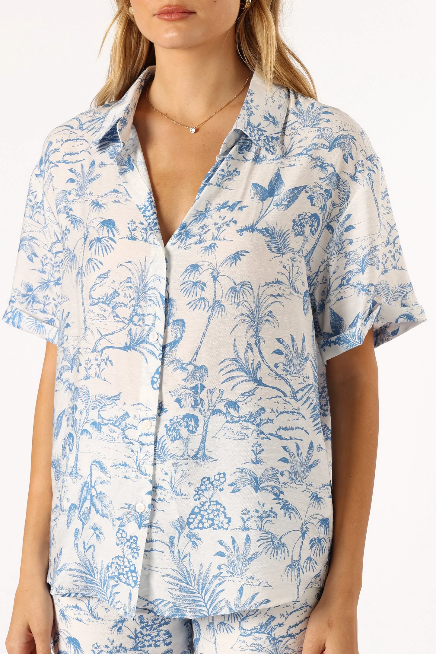 Faye Button Down Top White Blue