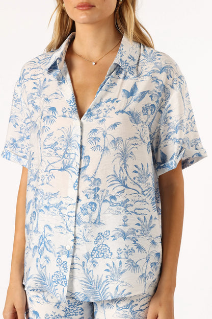 Faye Button Down Top White Blue