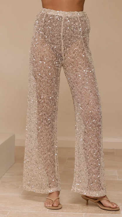 Zarina Sequin Long Line Top and Pants Set Beige
