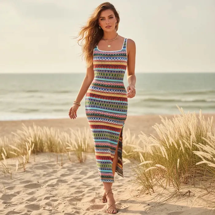 Striped Strapless Maxi Dress with High Slit