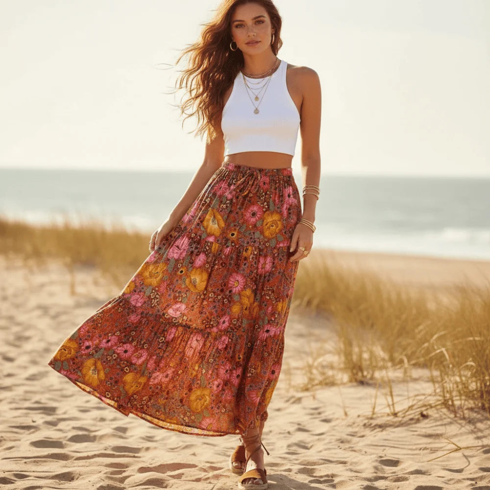 Vintage Red Floral Boho Maxi Skirt