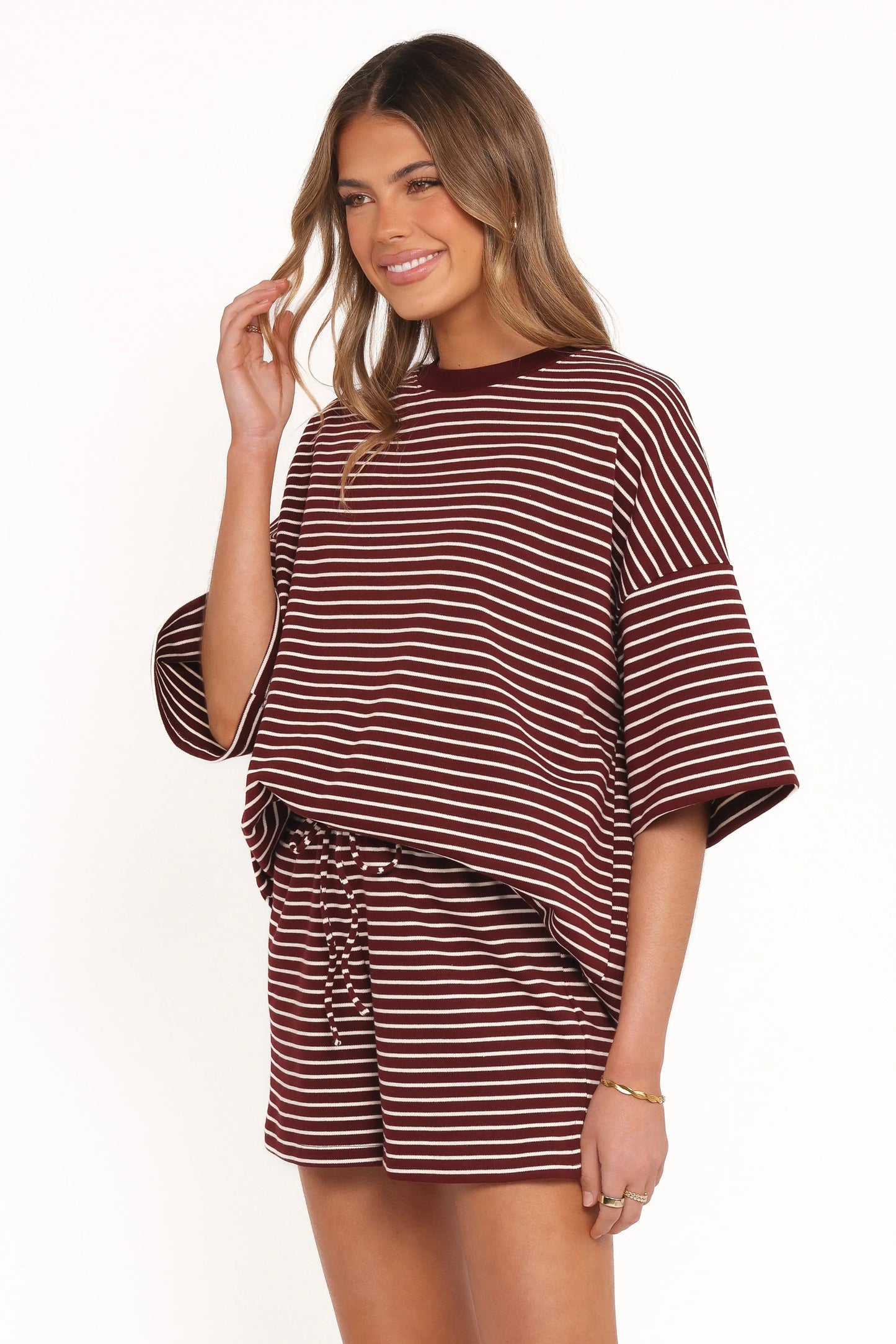 Hellen Stripe Short Set Burgundy Cream Stripe