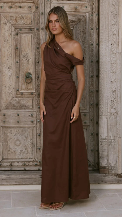 Larissa One Shoulder Maxi Dress Brown