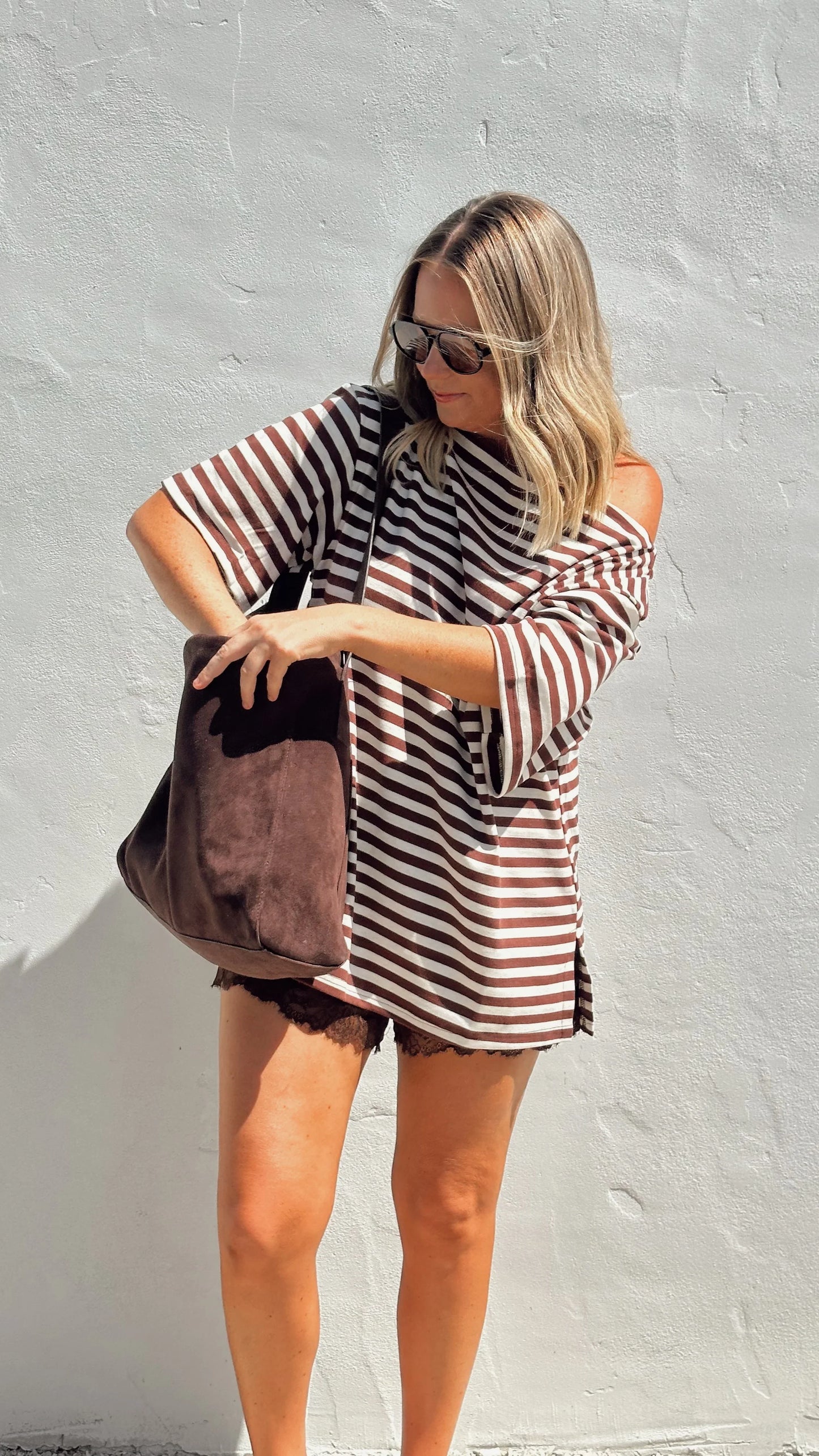 Pia One Shoulder Oversize Tee Choc White Stripe