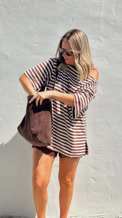 Pia One Shoulder Oversize Tee Choc White Stripe