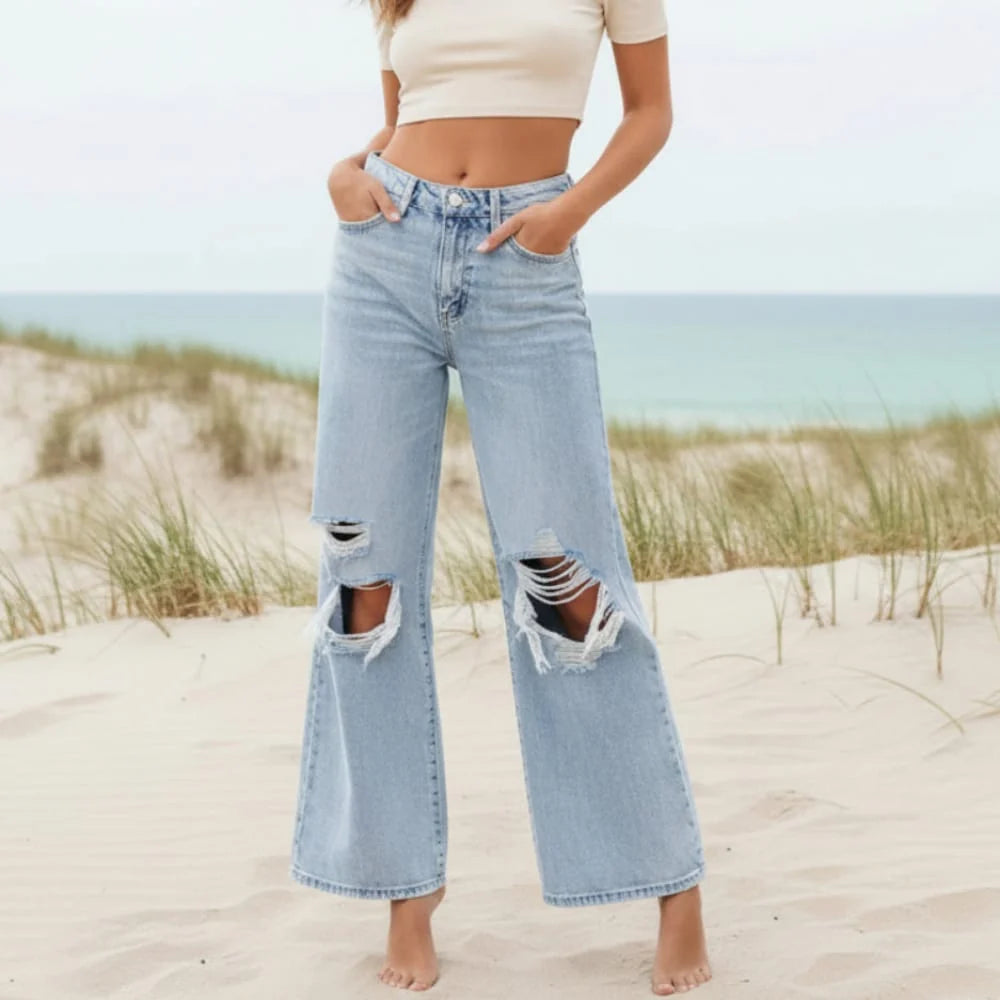 Boho High Waisted Ripped Wide Leg Jeans