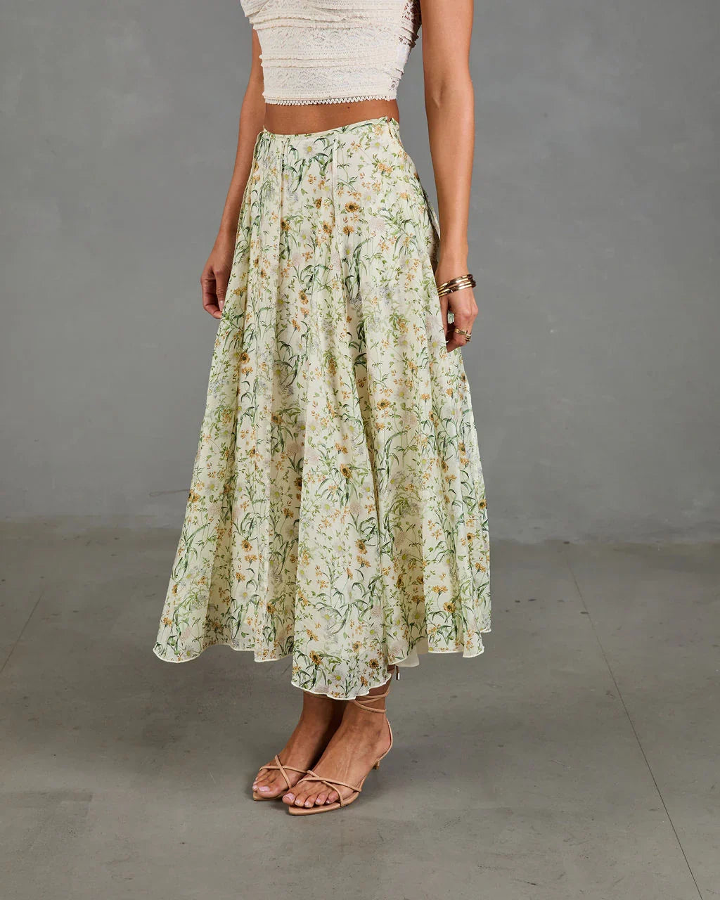 Adilene Pleated Floral Print Midi Skirt