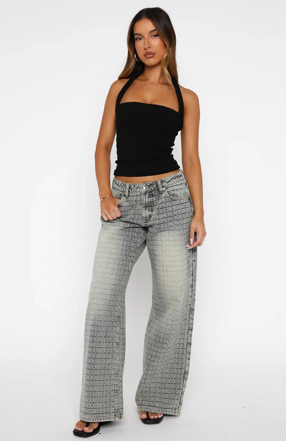 Text Me Low Rise Wide Leg Jeans Sand
