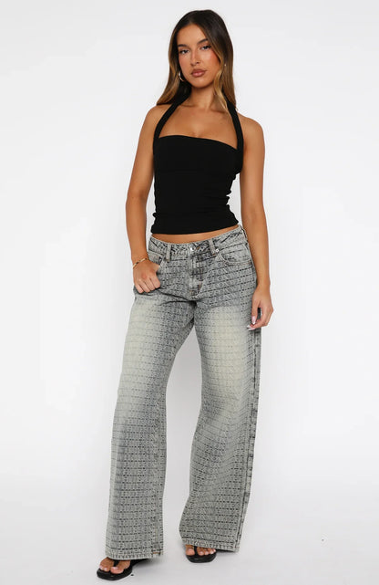 Text Me Low Rise Wide Leg Jeans Sand