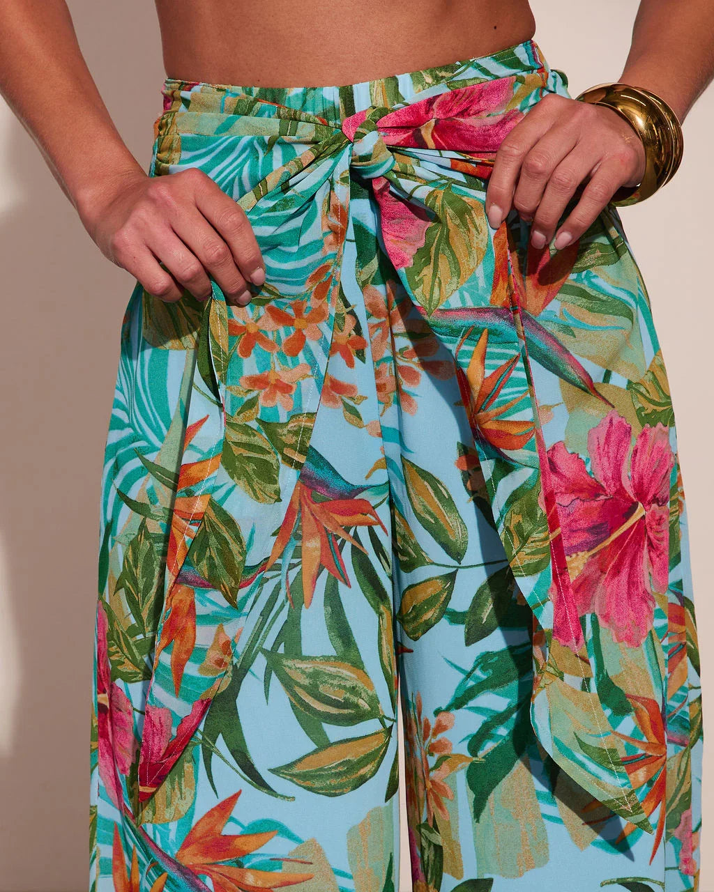 Arellie Tropical Floral Waist Tie Cover Up Pants
