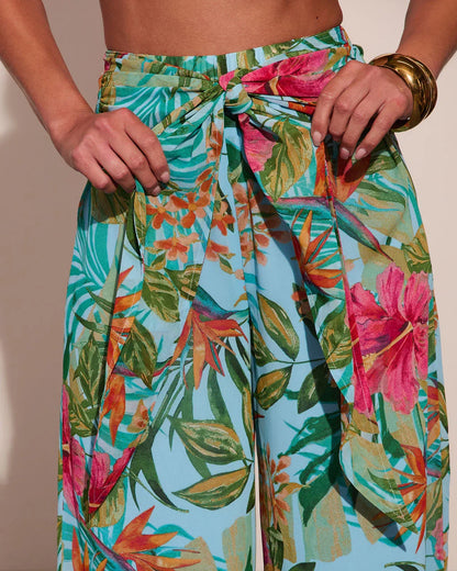 Arellie Tropical Floral Waist Tie Cover Up Pants
