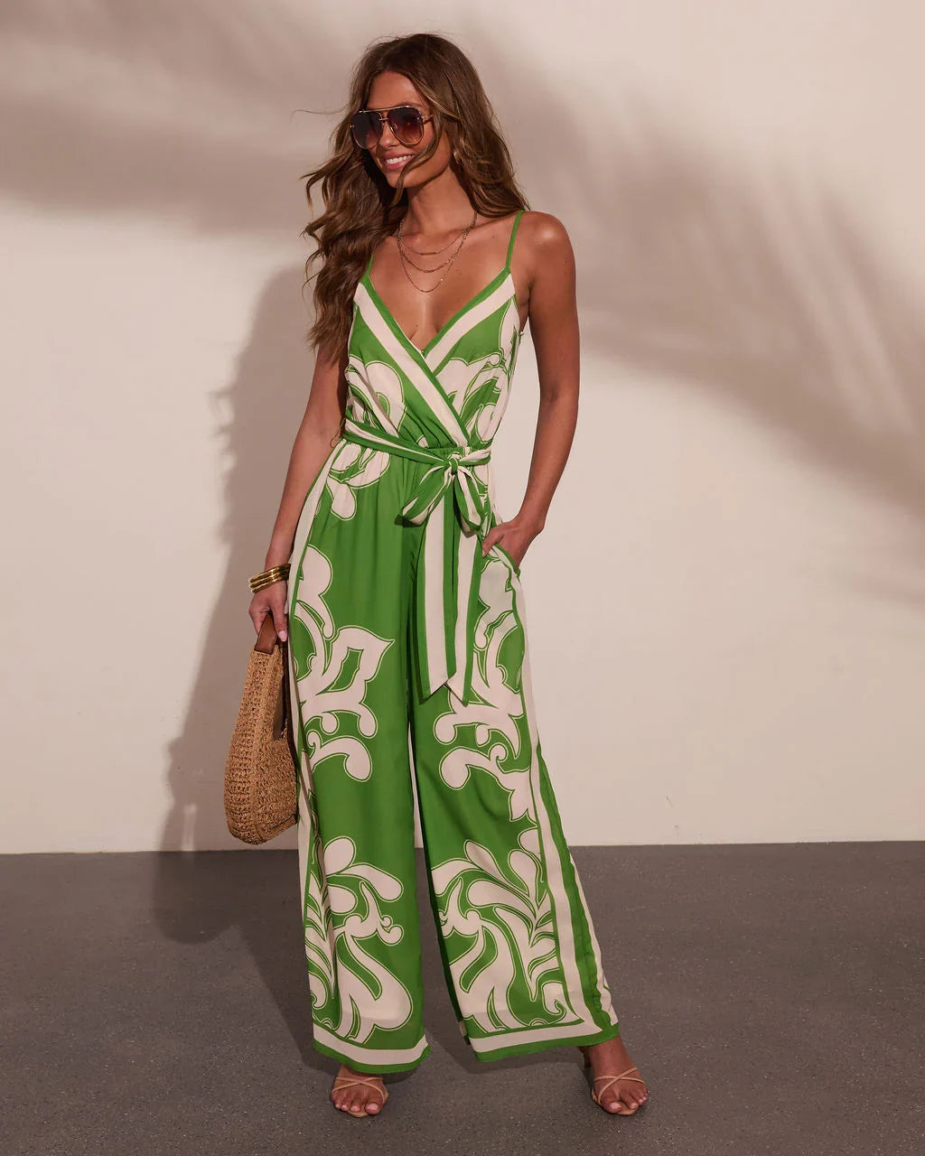Travel Muse Tropical Print Waist Tie Jumpsuit