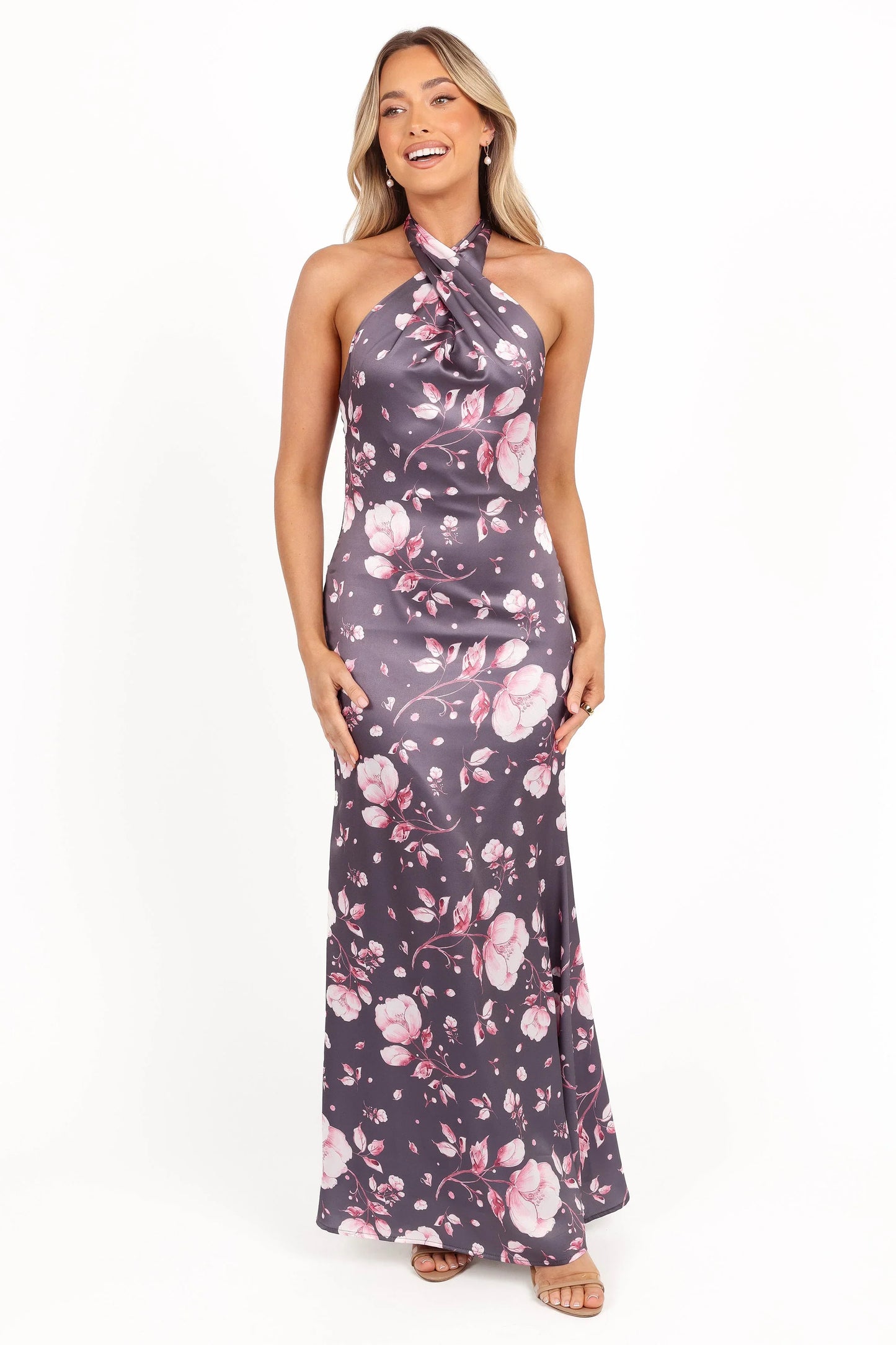 Mila Halterneck Maxi Dress Steel Gray Floral