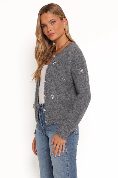 Mellie All Over Bow Button Front Cardigan Grey