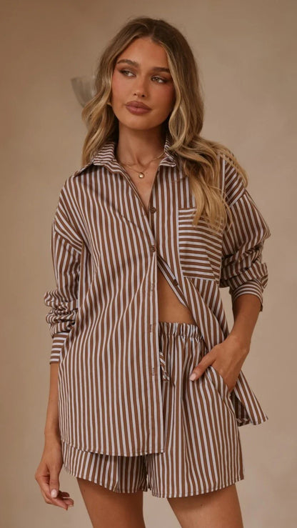 Elita Long Sleeve Button Up Shirt and Shorts Set Brown Blue Stripe