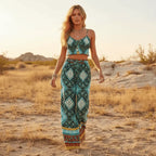 Turquoise Boho Crop Top Wide Leg Pants Set