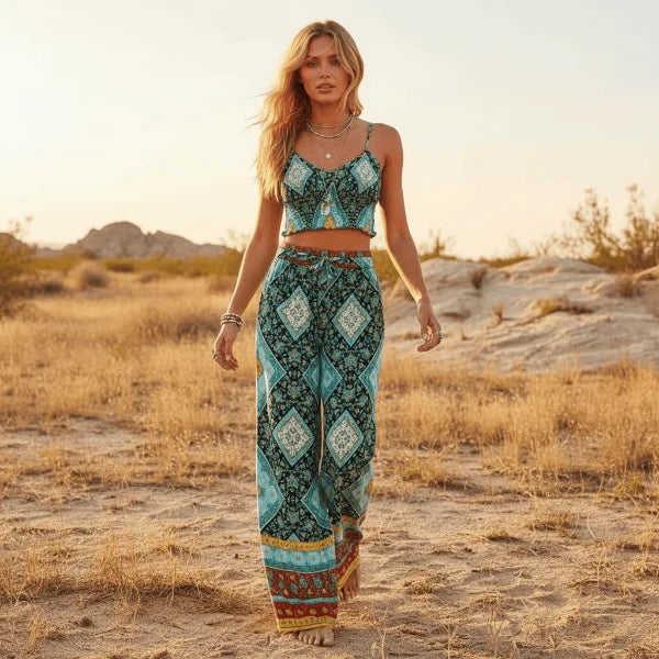 Turquoise Boho Crop Top Wide Leg Pants Set
