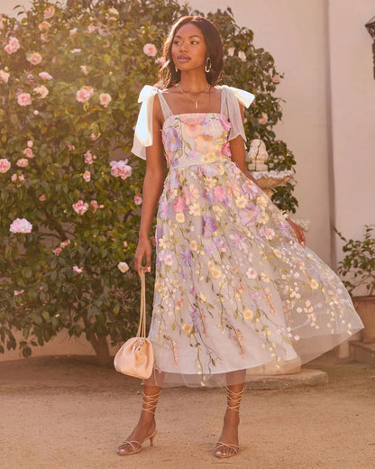 Falling Petals Floral Applique Midi Dress
